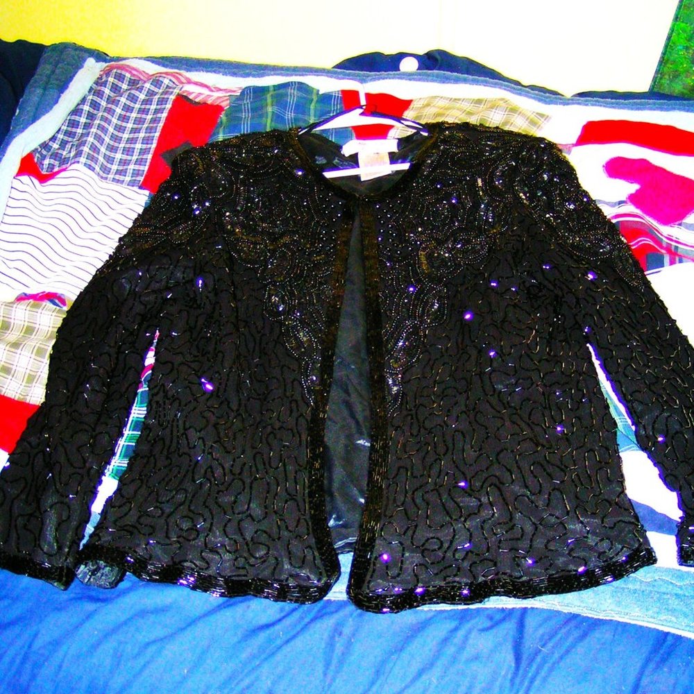 VINTAGE ADRIANNA PEPELL BLACK BEADED SILK EVENING JACKET S/M